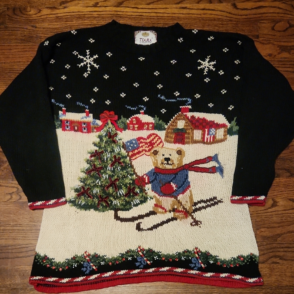 Tiara Black Holiday Sweater with Bear and Village Design